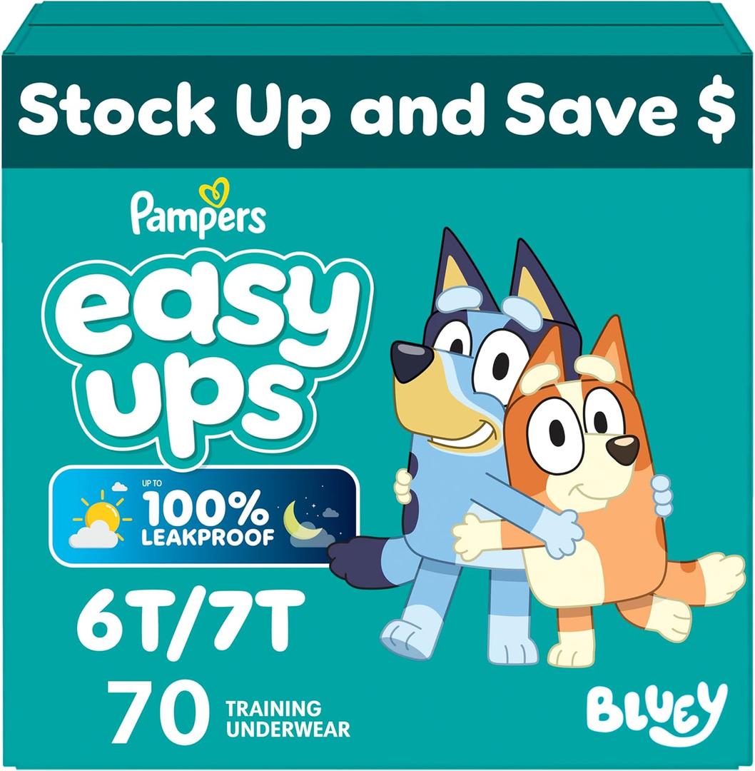 Easy Ups Girls & Boys Potty Training Pants, Size 6T-7T, 70 Count, Bluey Absorbent Training Underwear, Up to 100% Leakproof Day and Night, Hypoallergenic