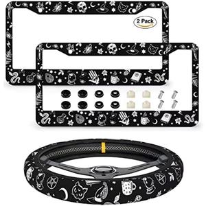Goth License Plate Frame Novelty Personalized Car Tag Halloween Steering Wheel Covers Witchy License Plate Cover 2 Holes for US Standard Vehicles with Screw Caps Gothic Skull Car Accessories