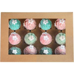 ONE MORE [20-Packs] Brown Cupcake Boxes 12 Holders, Cake Carrier Food Grade Kraft Pop-up Bakery Boxes 13.8 x 9.5 x 4inch with Inserts and PVC Windows Fits 12 Cavity Cupcake or Muffins Pack of 20