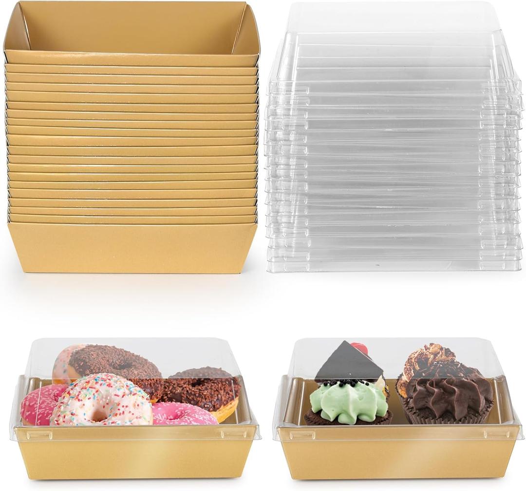 Charcuterie Boxes 20 Pack with Clear Lids, Square Disposable Paper Food Containers to Go Bakery Boxes for Strawberries, Cake Slice, Desserts, Donuts, Party, Wedding, Outdoors and Home Use (Gold)