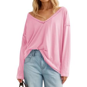 Tankaneo Womens Oversized Long Sleeve Shirts Deep V Neck Fall Tops Casual Loose Fit Tunic Basic Tees (Pink)