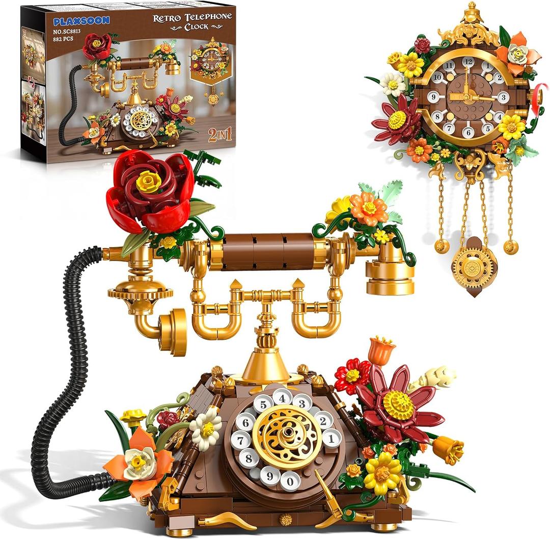 PLAXSOON Flowers Retro Telephone Clock Building Set, 2 in 1 Collectible Vintage Phone Model Building Block Kit with Realistic Design, 882 PCS Home Office Decor, Gift for Adults Teens Girls Boys 12+