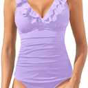 Womens Two Piece Swimsuits - Ruffle Flounce Tankini Tummy Control Bathing Suits V Neck Swimwear, (X-Large)