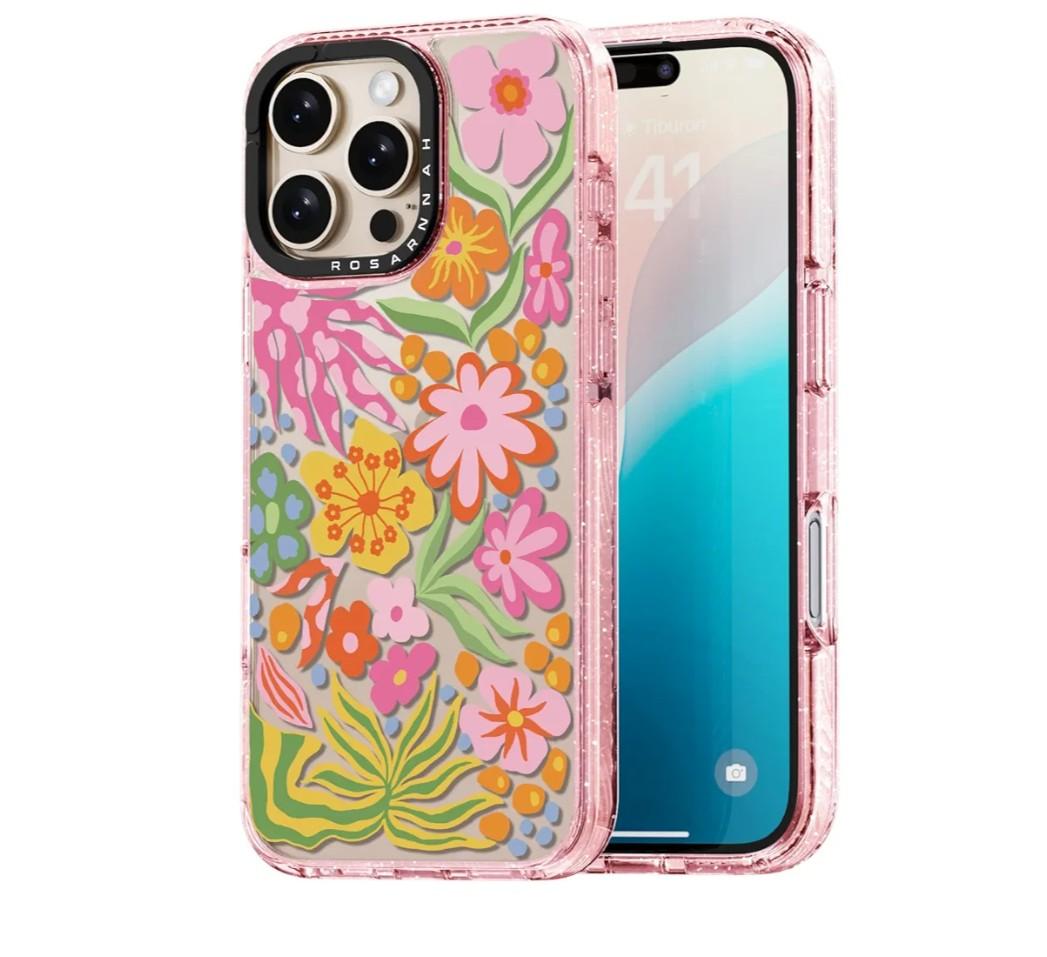 for iPhone 16 Pro Case Cute - Durable Shockproof 6.6 ft Drop Impact Phone Case - Funny Passion Flower Design (6.3") Glitter Pink