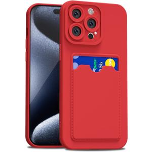 for iPhone 15 Pro Case with Card Holder Slim, Thin Silicone Wallet Phone Case with Credit Card Slot for Women Men, Soft Rubber Gel TPU with Pocket Shockproof Camera Cover, Red