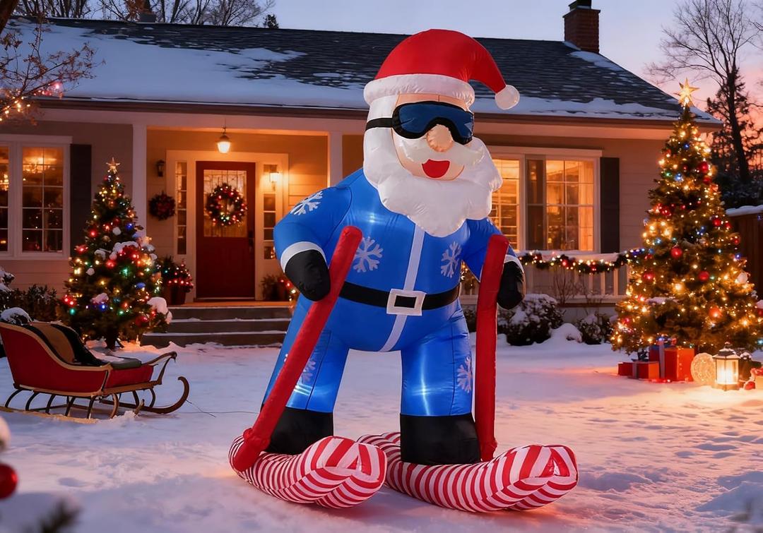 LANGXUN 8ft Skiing Santa Inflatable Outdoor Indoor Decor, Giant Blow Up IP44 Weatherproof Xmas Decorations for Yard, Built-in 7-Color LED Rotating Light for Gardern Lawn Winter Holiday