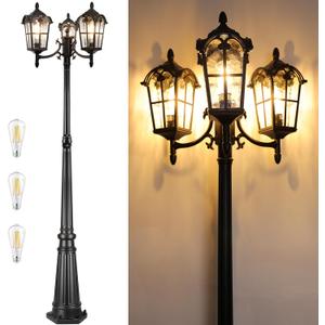 PARTPHONER Black Roman Outdoor Lamp Post, Triple Head Aluminum Street Light Post for Outside, Waterproof Pole Lighting Fixture with Water Glass for Backyard Garden Patio Driveway
