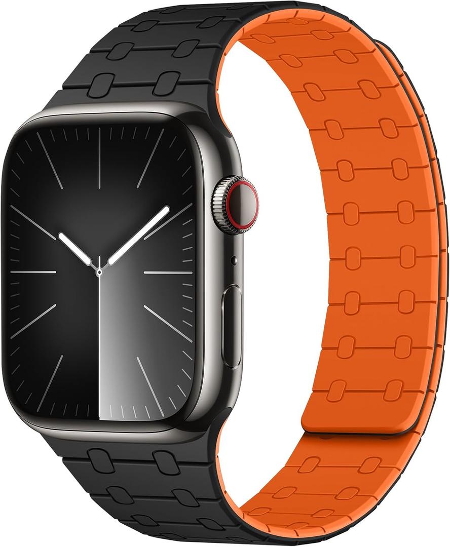 Amizee Magnetic Bands Compatible with Apple Watch Band 49mm 46mm 45mm 44mm 42mm 41mm 40mm 38mm Women Men, Sport Silicone Strap for iWatch Ultra 2 Series 10 9 8 7 6 SE 5 4 (42/41/40/38, Black Orange)