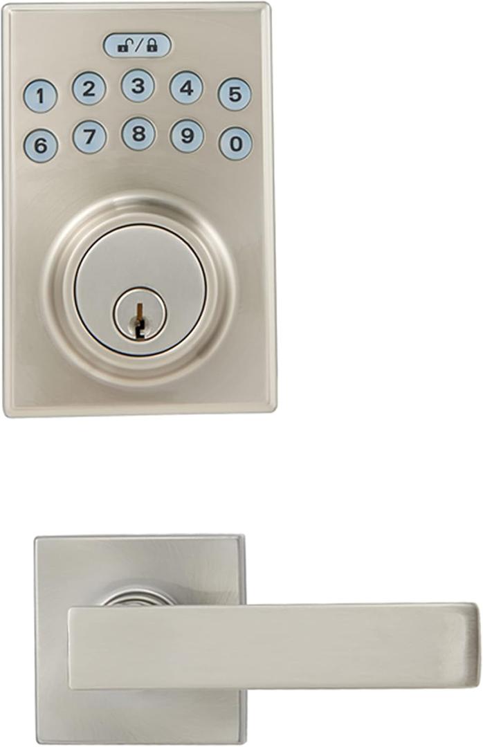 Amazon Basics Contemporary Electronic Keypad, Keyless Entry Door Lock Deadbolt with Handle Set, Key Pad Front Door with Knob, Contemporary Door Locks for Front Door, Door Handle, Satin Nickel, 1-Pack