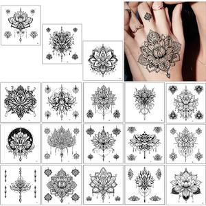 Qpout 18 Sheets Black Temporary Tattoos, Waterproof Fake Tattoo Kits for Women Girls, Lotus Mandala Flower Tattoo Stickers Neck Chest Arm