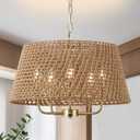 20" Large Rattan Chandeliers for Dining Room, 5-Light Farmhouse Wicker Boho Chandelier with T-Shape Shade Rattan Ceiling Pendant Light Fixture for Bedroom Hallway Kitchen Island(Gold)