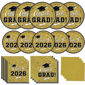 Graduation Party Plates and Napkins Gatherfun Graduation decorations 2026 Gold Disposable Paper Plates Luncheon Napkins Cocktail Napkins for Congrats Grad Party Decorations, Serve 50