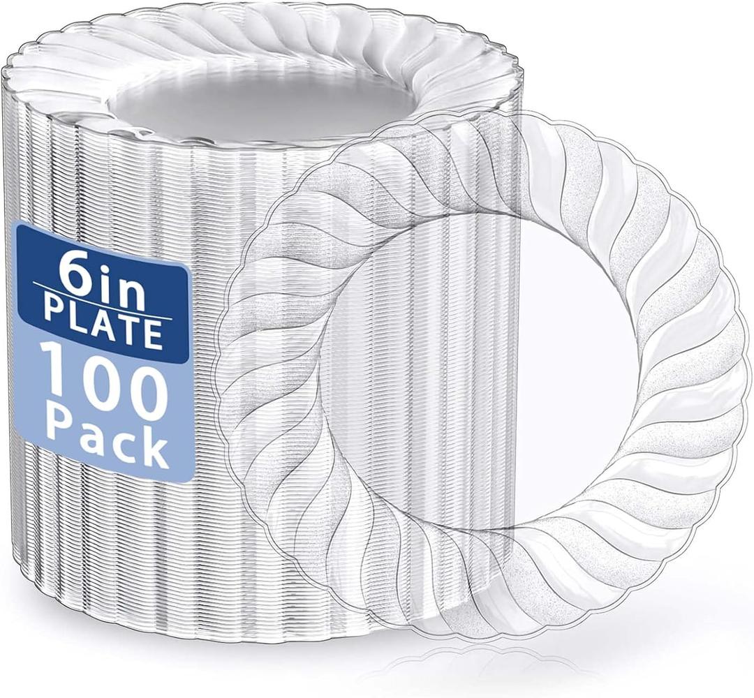 U-QE 100 Pieces Clear Plastic Plates-6 Inch Plastic Dessert Plates Disposable - Washable & Reusable - Premium Hard Clear Plates Fancy Disposable Heavy Duty Plastic Plates for Party,Weddings and Events, 6 inch,100 Pack