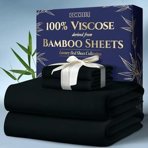 DECOLURE 100% Viscose Derived from Bamboo Sheets Queen Size 4pcs - Ultra Soft & Luxuriously Cooling, 17" Deep Pocket, Double Stitching, Perfect for Hot Sleepers - Queen Bed Sheets (Black)