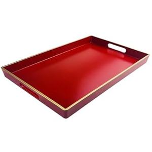 Umisriro Red Decorative Tray, Rectangular Serving Tray with Handles, Plastic Coffee Table Tray for Ottoman, Living Room, Kitchen Tabletop, 15.6” x 10.2” x1.37”