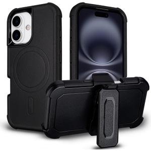 for iPhone 16 Case with Belt Clip Holster, Compatible with Magsafe, Military Grade Drop Protection, 2 Layers of Sturdy, Heavy Duty Shockproof Cover for iPhone 16 Case Rugged, Black