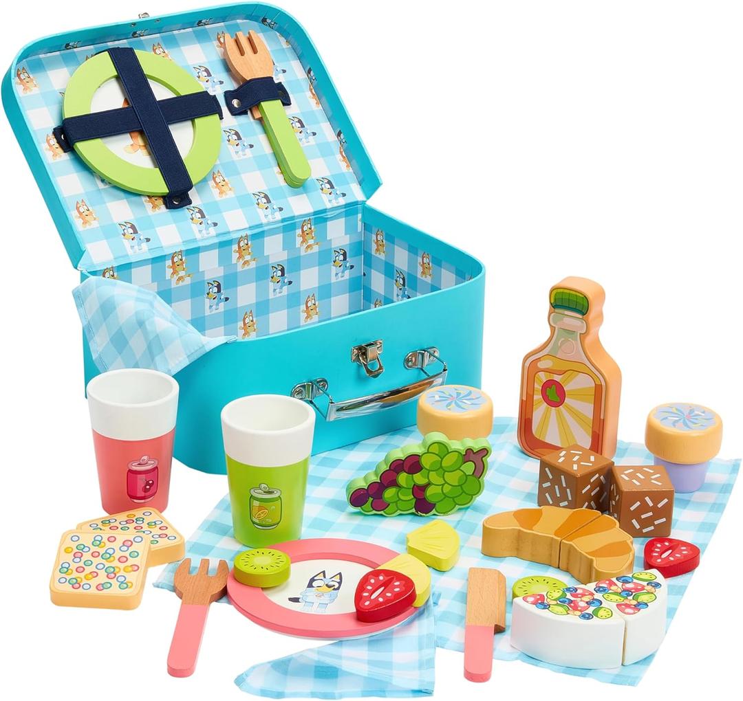 8th Wonder Wooden Bluey Toys Picnic Carrying Case, 30-Piece Picnic Basket Toy with Cutlery and Food Accessories, Outdoor Food Toys for Kids of Ages 3+