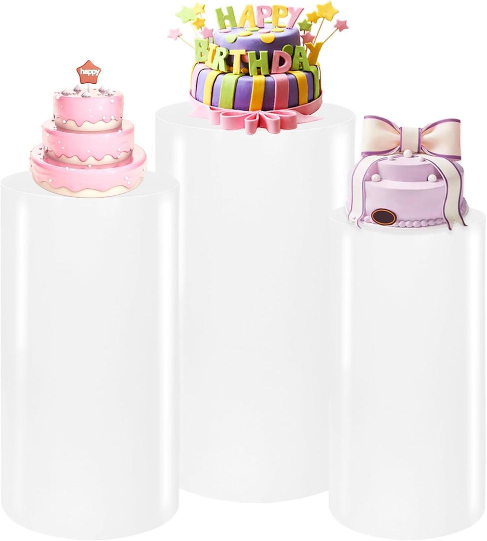 3PCS Cylinder Pedestal Stands for Parties, White Metal Round Cylinder Plinths Dessert Table Display Pillars for Birthday Wedding Bridal Baby Shower Party Decorations(Small)