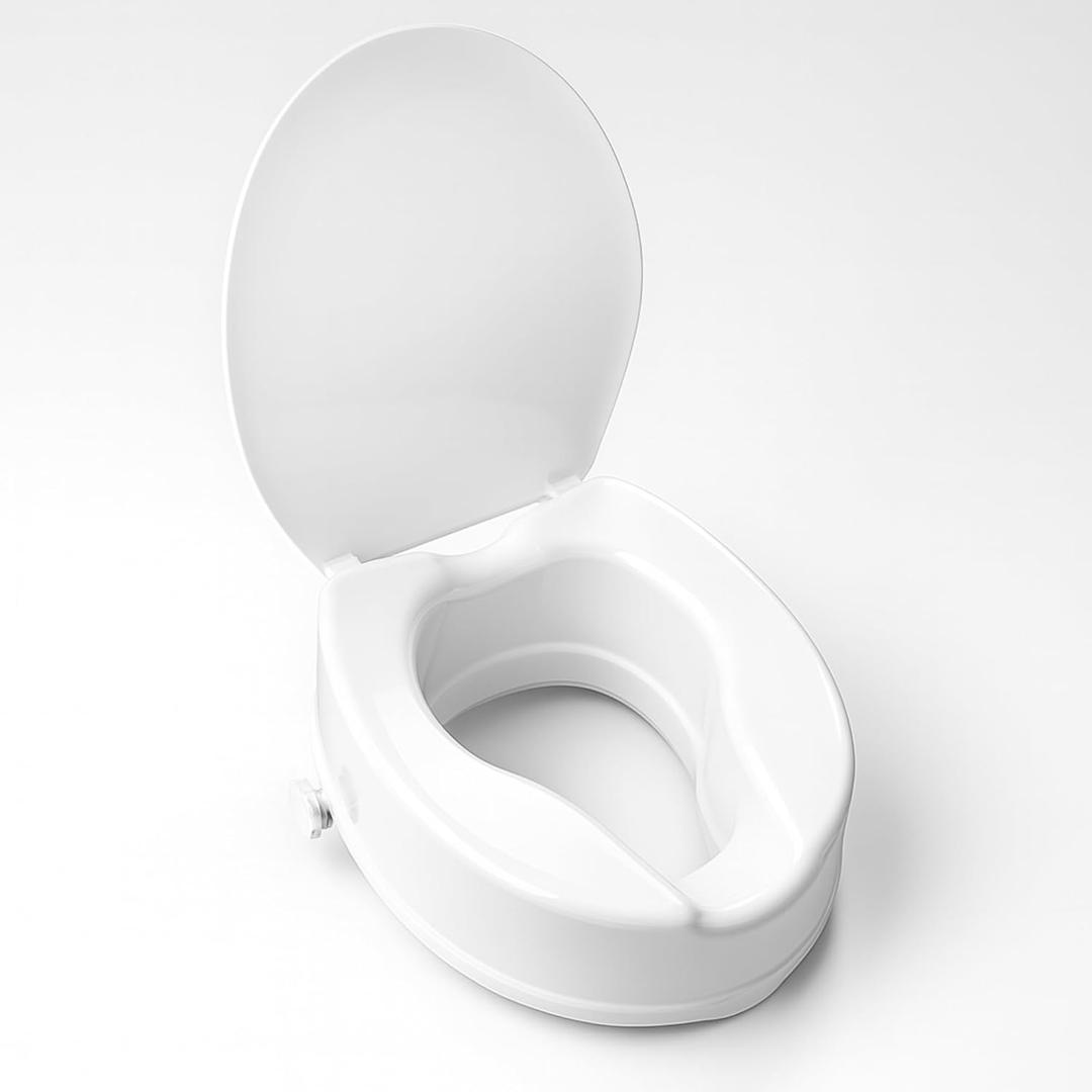 Raised Toilet Seat with Lid 4Inch Toilet Riser  Easy ToolFree Installation Fits Standard & Elongated Toilets Senior, Disabled & Pregnant Support Secure Lock, Durable Plastic