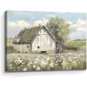 rttitue Barn Canvas Wall Art Painting: Farm Scene Picture Hand Painted Rustic Country Landscape Print Rural Meadow Artwork for Farmhouse Bedroom Living Room Decor (24x16 inch)