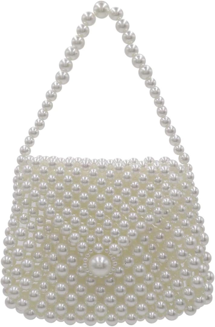 White Beaded Pearl Handbag Coin Purse Acrylic Beaded Handbag Mini Wrislet Clutch Elegant Evening Bag for Party Wedding
