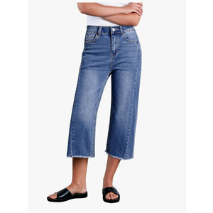 Sidefeel Women's Capri Jeans High Waisted Wide Leg Stretchy Raw Hem Side Seam Zimbaplatinum Denim Pants, Size: 10