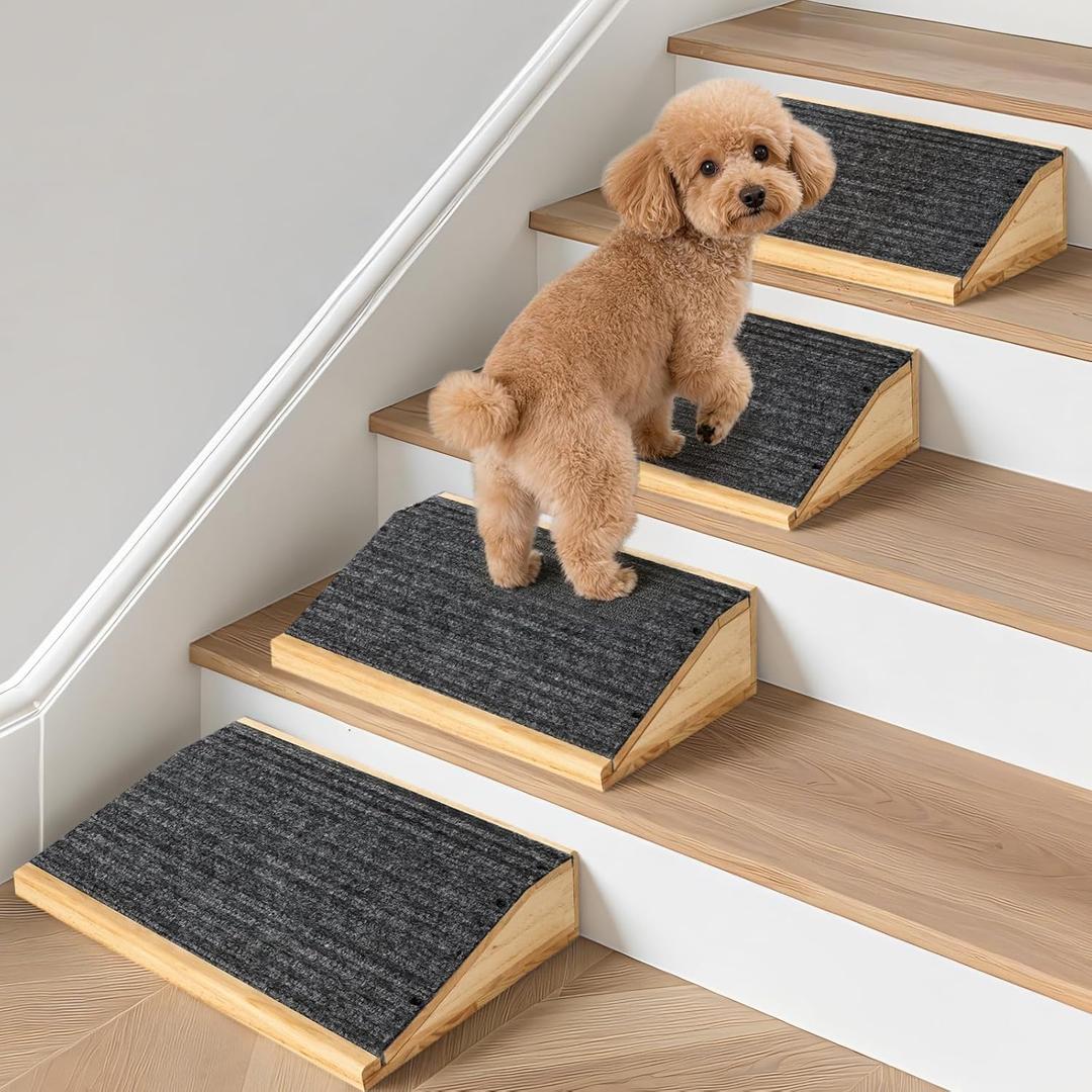4-Pack Wooden Dog Ramp for Stairs, Anti-Slip Pet Steps for Small Dogs with Carpet Surface, Low-Angled Pet Ramps for Staircase, Steps and Stairs Assist for Injured & Aged Pets, Stairs Ramp for Dogs