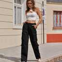 ZMPSIISA Women Pants High Waisted Cargo Pants Combat Military Wide Leg Casual Trousers 8 Pockets(Black, Large)