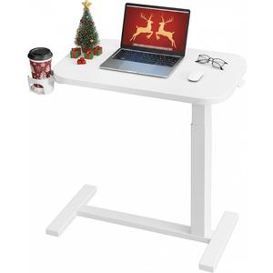 HUANUO 28Inch Bedside Table with Wheels, Height-Adjustable Rolling Computer Cart, Overbed Table with Cup Holder, Pneumatic Laptop Standing Desk for Home Office, White, Small-28 Inch