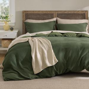 Bedsure Luxury Waffle Duvet Cover Queen Size - Textured Duvet Cover Set, Soft, Breathable Bedding Set (90"x90") with 2 Pillow Shams for All Season, Olive Green, Comforter Not Included