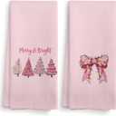 Girly Pink Christmas Tree Bow Decorative Kitchen Towels and Dishcloths Set of 2, Preppy Christmas Gifts Hand Towels, Merry and Bright Drying Cloth Hand Towels Tea Towels for Bathroom, 1624 Inch