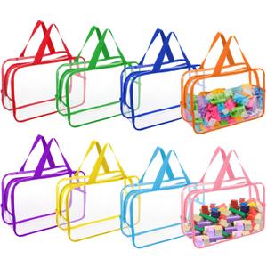 Fasmov 8 Packs Large Toy Storage Bags, 8 Colors PVC Organizers Toy Bags, Travel Organizer Bags Reusable Toy Organizer Pouch with Zipper for Building Blocks, Puzzle, Small Toys and Handmade Accessories