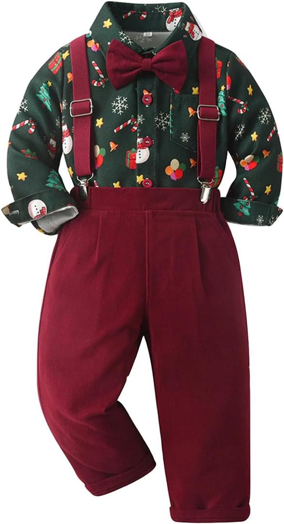 SALNIER Toddler Boy Suit Baby Boys Wedding Dress Outfit Formal Gentleman Clothes Set Dress Shirt Bowtie Suspenders Pants (5T, Christmas Print)