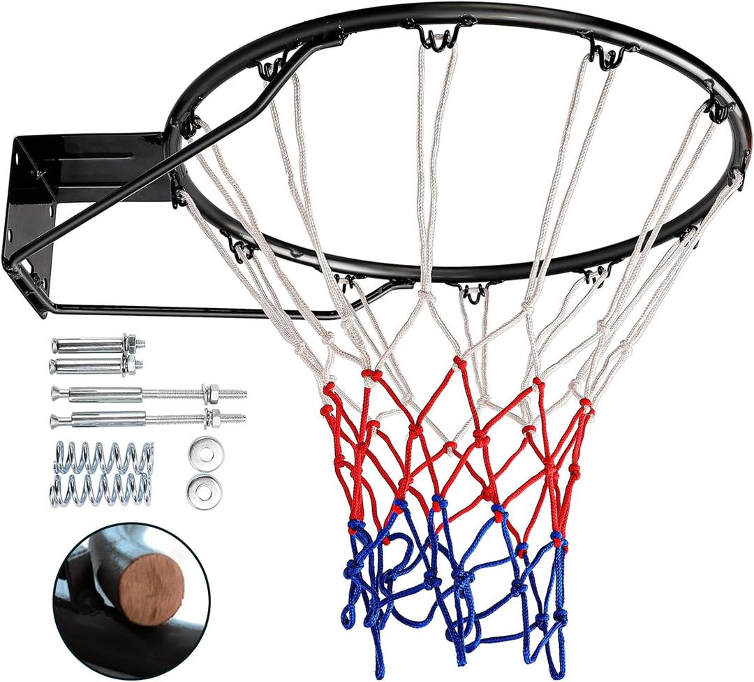 Dripex Solid Basketball Rim 18" Replacement Breakaway Wall Mounted Outdoor Heavy Duty Solid Steel 18 Inch Rim Double Spring with All Weather Net (Black)