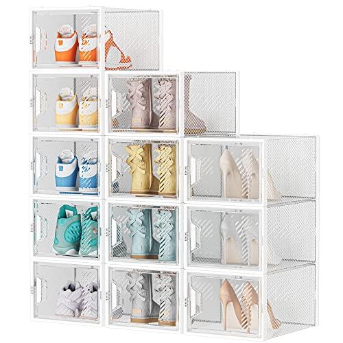 Shoe Storage, 12 Pack X-Large Shoe Organizer for Closet, Shoe Boxes Clear Plastic Stackable Shoe Storage Boxes for Size 10