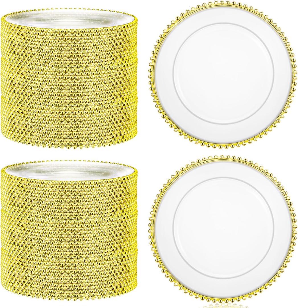 Dandat 100 Pcs 13 Inch Clear Round Charger Plates with Beaded Rim, Gold