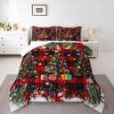 Castle Fairy Merry Christmas Comforter Set King Size,Pine Trees Holiday Snowflake Decor Bedding Set All Season Quilt Set,Red Black Grid Checkered Geometric Microfiber Polyester Down Comforter (Color 13)
