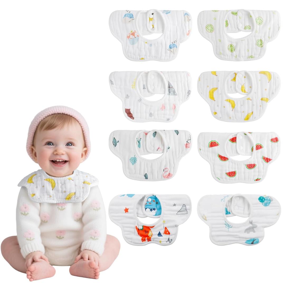 8-Pack 360 Rotate Organic Cotton Baby Bibs, Newborn Muslin Bibs For Teething And Drooling,Unisex Baby Bibs For Toddler, Adjustable With Snaps, Super Soft & Absorbent Baby Bibs For Boys And Girls.