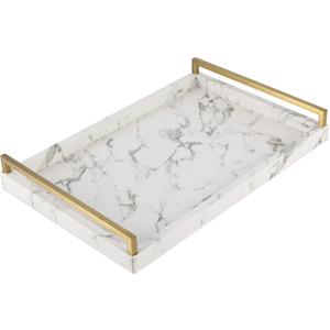 17.8 * 11.8" White PU Leather Marble Finish Decorative Tray Serving Tray with Brushed Gold Handle for Coffee Table, Console Table, Ottoman