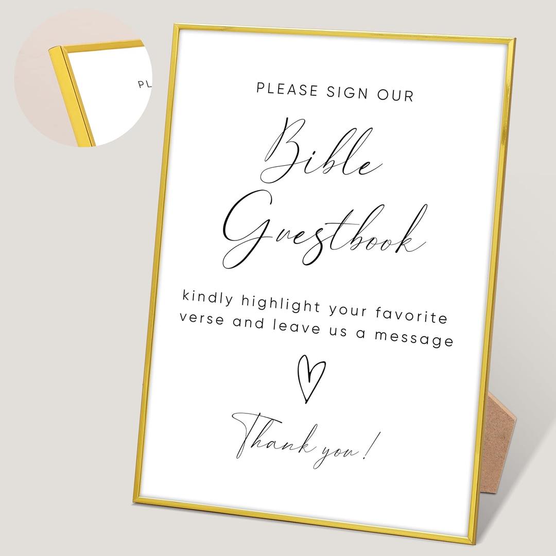 Please Sign Our Guestbook Sign, Bible Guest Book Wedding Sign, Engagement Party Desk Decor for Bridal Shower and Wedding Reception, Gold Frame Wedding Signs with Stand, Wedding Party Favors,2