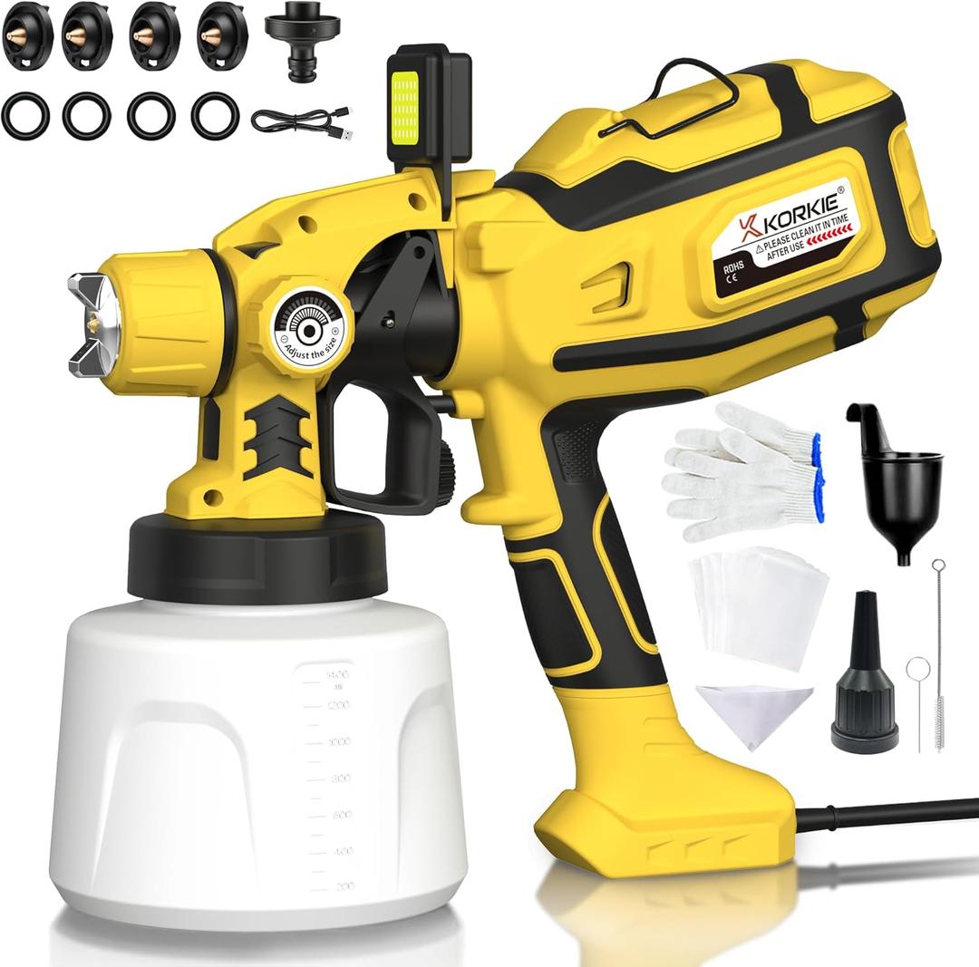 Paint Sprayer for House Painting, Paint Sprayer with 1250W Powerful Copper Motor, 1400ml (47oz) Container, 5 Brass Nozzles & LED Light, Easy to Clean for House, Fence, Furniture, DIY, Garden, Walls