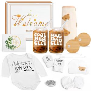 Newborn Gifts Set Gender Neutral Baby Shower Gifts Gender Reveal Gifts for Parents to Be, New Mom Dad Gifts Mom Dad Coffee Glass & Baby Items, Mom to Be Gift Pregnancy Gifts for Expecting Mom (Brown White Long Sleeve 01)