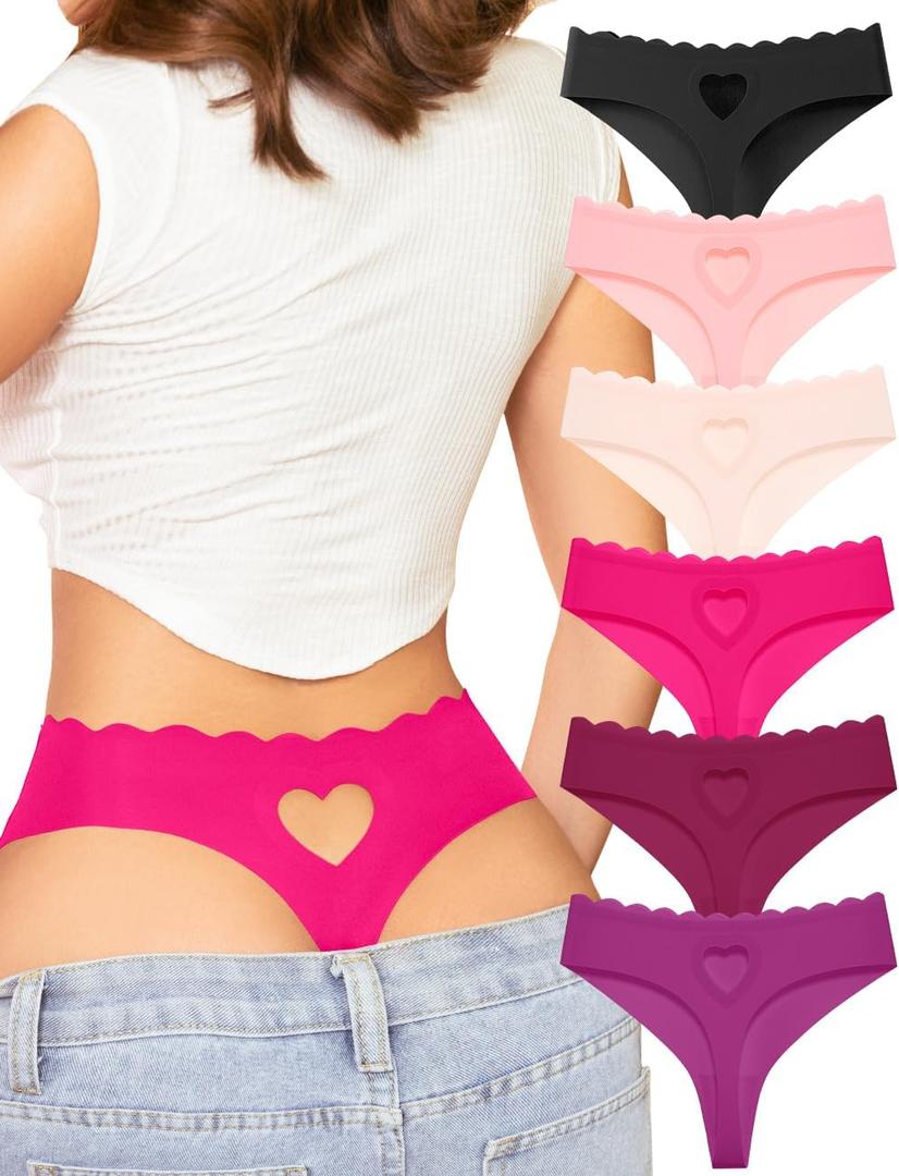 Womens Seamless Thongs Underwear No Show Thong Wave-waisted Invisible Panties Comfy Heart Cutout for Ladies 6 Pack (Large)