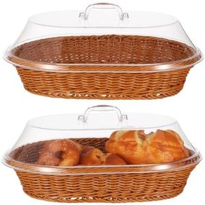 2 PCS Bread Fruit Baskets with Lid - 14 x 10 Inch Wicker Bread Basket with Acrylic Lid, Woven Bread Basket Fruit Tray with Clear Cover, Rattan Food Serving Tray for Home Picnics Bakery Storage