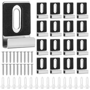 16pcs Metal Mirror Holder Kit, J Type Mirror Hanger Clip Kit with Screws Rubber Pads Mirror Hooks Heavy Duty Mirror Hanger Hardware for Frameless Mounting Wall Tile Billboard Display (Silver)