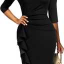 Church Dresses for Women 3/4 Sleeve Bodycon Ruffle Vintage Wear to Work Pencil Midi Dress (XX-Large, Aablack)