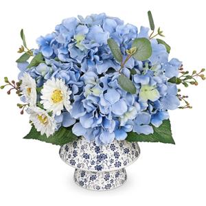 Briful Centerpiece for Dining Table with Faux Hydrangea, Artificial Blue Hydrangea Arrangement in Blue & White Vase, Dining Table Decor Farmhouse Coffee Table Decor, Fake Flowers in Vase Home Decor