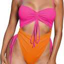 Viottiset Women's Cut Out Drawstring One Piece Swimsuit Cheeky High Cut Bathing Suit (L), Orange Pop Pink