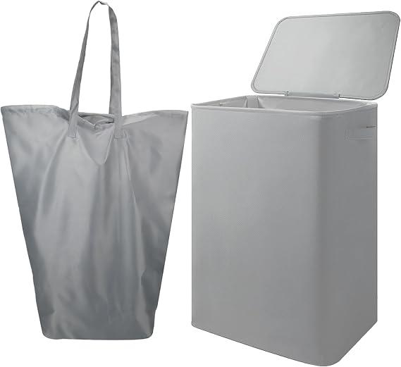Foldable Laundry Hamper with Lid & Laundry Bag with Drawstring,Portable Laundry Basket with Easy Carry Handles,Clothes Hamper Space Saving Organizer for Bathroom,Bedroom,College Dorm,RV,Grey