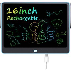 Rechargeable LCD Writing Tablet for Kids, 16 Inch Colorful Drawing Tablet, Educational Toddler Drawing Pad, Reusable Learning Toys for Kids (Ages 3-12), Ideal Gift for Christmas Birthday (Blue)